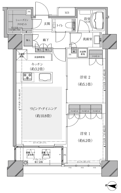 Floor: 2LDK, occupied area: 61.61 sq m