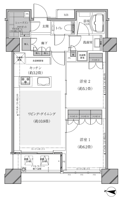 Floor: 2LDK, occupied area: 61.36 sq m