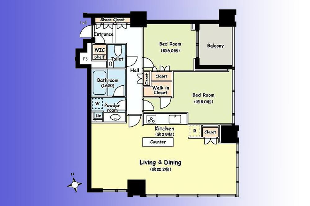 Floor plan. 2LDK, Price 88,800,000 yen, Occupied area 88.04 sq m , Balcony area 5.68 sq m «room of 20 quires living» Two sides can enjoy a dynamic panorama has become a glass!