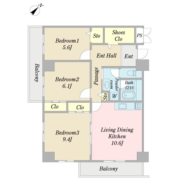 Floor plan. 3LDK, Price 32,800,000 yen, Occupied area 76.27 sq m , Balcony area 10.22 sq m