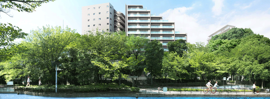 Kurevia Sumiyoshi. Those Exterior - Rendering (Rendering of the web is obtained by combining the planning stage drawing the draw based on causing ones and local photo of (September shooting 2013), Shape, color, etc. is slightly different from the actual, It may change the plan is caused by the reasons or the like on the future construction. Details of the appearance shape, It has been omitted part about the representation of such equipment. Tree form also planting the actual tree planting, Foliage, It may be different from the shade of leaves and flowers, Does not indicate the status of a particular season)