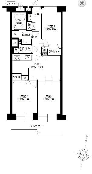 Floor plan. 3DK, Price 24,900,000 yen, Footprint 55 sq m , Balcony area 6.23 sq m south-facing, Good per sun