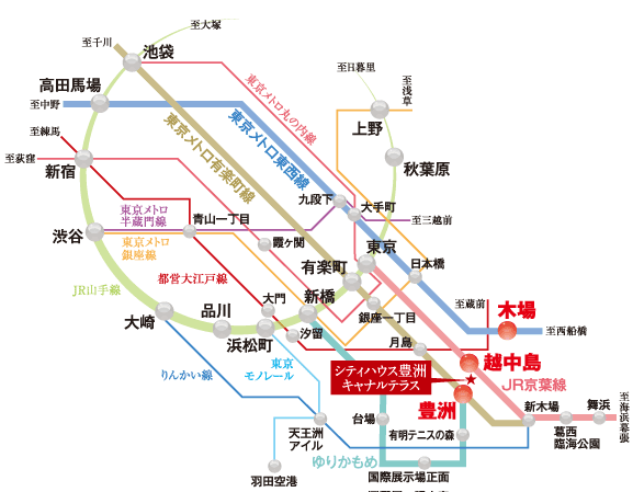 Surrounding environment. You can freely access to the city 3 Station 4 lines available. Direct from Tokyo Metro Yurakucho Line of walk 14 minutes "Toyosu" station to the "Ginza chome" station 6 minutes. Is a direct 4 minutes until the "Tokyo" station from a 15-minute walk JR Keiyo Line "Etchujima" station. (Access view)