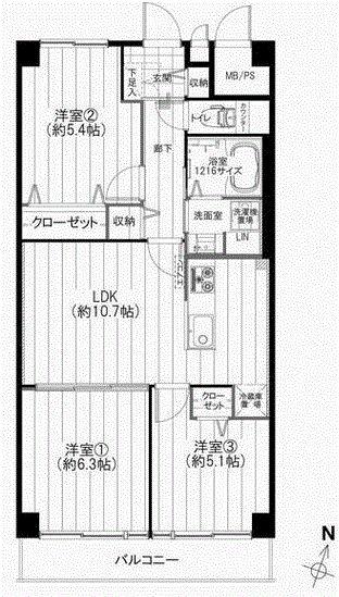 Floor plan. 3LDK, Price 24,990,000 yen, Footprint 61.6 sq m , Balcony area 7.84 sq m