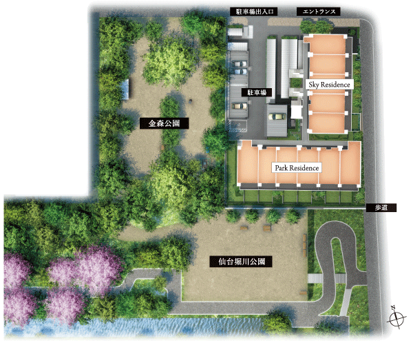 Shared facilities.  [Site layout] Sendai Horikawa park is on the south side, Adjacent Kanamori park to the west. Also east it has been wide open. I was raised to draw a landscape that can take advantage of this prestigious neighborhoods environment enough. By Haito the building in L-type, Facing the south side of Sendai Horikawa park as "Park Residence" can enjoy the east side of the sense of openness has been achieved two buildings construction of "Sky Residence". Will be the landscape that in response to the lush greenery around. (Site layout)