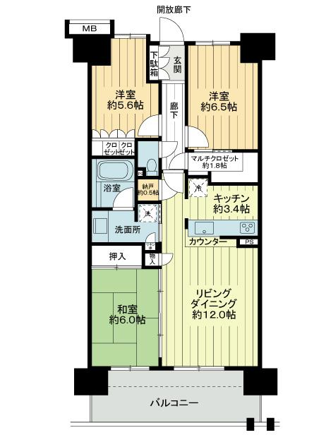 Floor plan. 3LDK, Price 39,800,000 yen, Occupied area 75.07 sq m , Balcony area 12.4 sq m