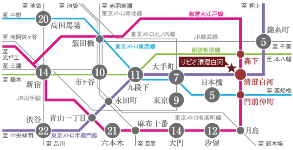 Surrounding environment. The first train is also available Hanzomon ・ 6-minute walk to the Oedo Line "Kiyosumishirakawa" station. From Kiyosumishirakawa is, "Otemachi" station direct 7 minutes (the time during the day normal), "Shiodome" station direct 12 minutes, You come true "Shinjuku" station 14 minutes and smooth movement. (Access view)