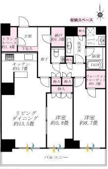 Floor plan. 2LDK, Price 51,500,000 yen, Occupied area 85.72 sq m , High, such as a balcony area 13 sq m closet and trunk room storage capacity And many luggage not troubled