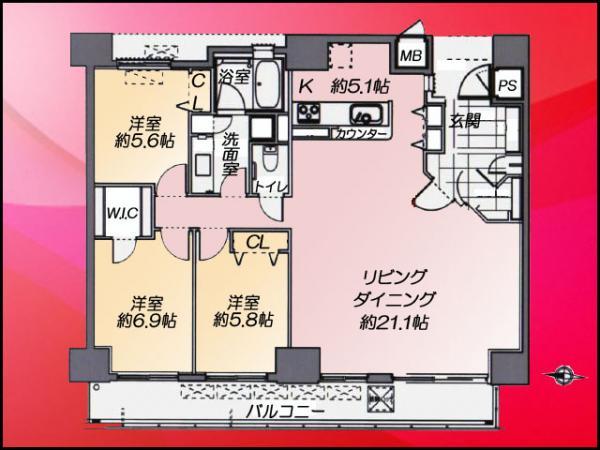 Floor plan. 3LDK, Price 59,800,000 yen, Occupied area 99.57 sq m , Balcony area 13.97 sq m floor plan