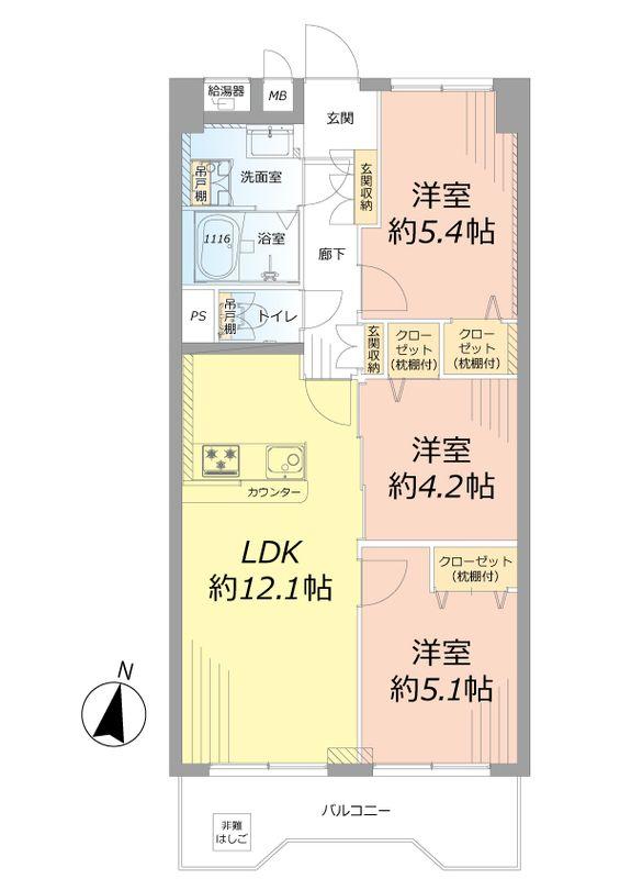 Floor plan. 3LDK, Price 26,980,000 yen, Footprint 61.6 sq m , Balcony area 7.89 sq m Floor