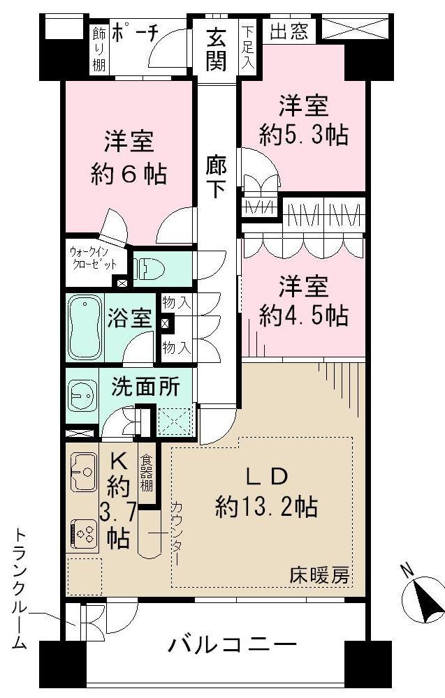 Floor plan. 3LDK, Price 42,900,000 yen, Occupied area 77.31 sq m , Balcony area 10.89 sq m