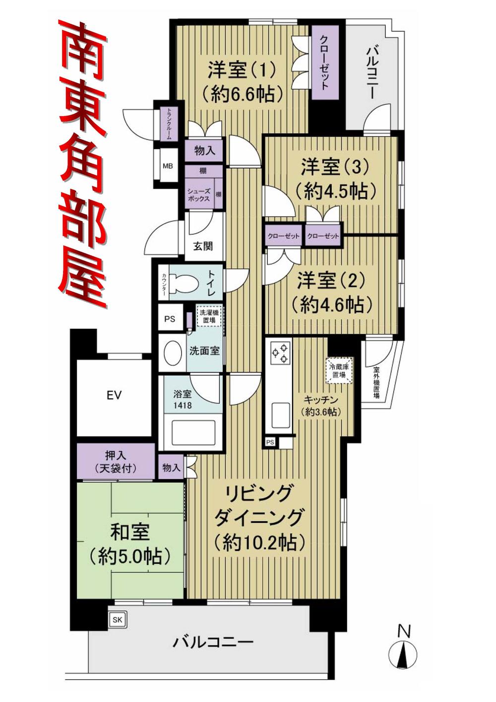 Floor plan. 4LDK, Price 37 million yen, Occupied area 77.86 sq m , Balcony area 15.07 sq m southeast corner room 4LDK of 77.86 sq m