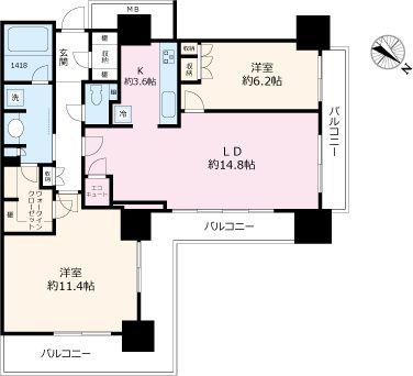 Floor plan. 2LDK, Price 50,800,000 yen, Occupied area 81.29 sq m , Balcony area is 20.7 sq m popular corner room