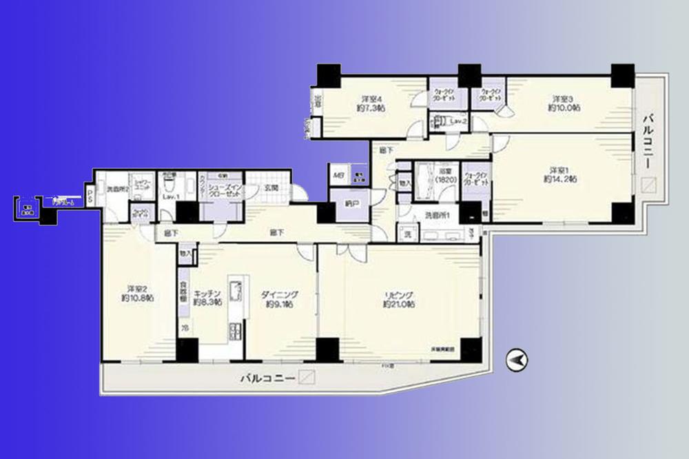 Floor plan. 4LDK, Price 100 million 19.8 million yen, Footprint 201.34 sq m , A balcony area 37.76 sq m walk-in closet in six locations! top floor ・ Southwest angle room.