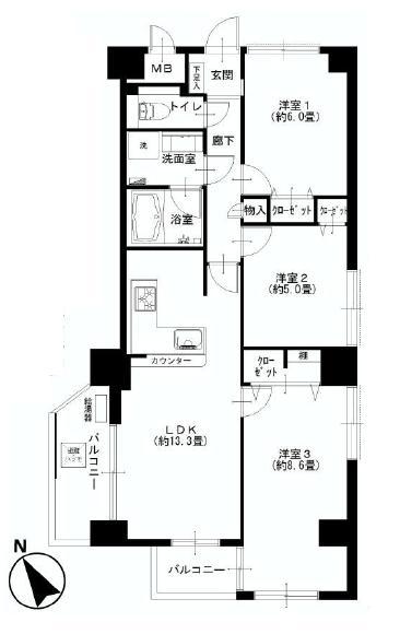 Floor plan. 3LDK, Price 42,900,000 yen, Footprint 72.1 sq m , Balcony area 8.28 sq m