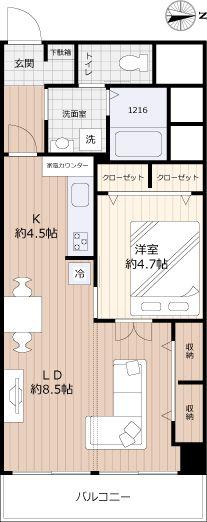 Floor plan. 1LDK, Price 18,800,000 yen, Footprint 43.2 sq m , Balcony area 4.5 sq m