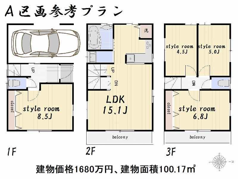 Building plan example (floor plan). Building plan example (A section) 4LDK, Land price 37,368,000 yen, Land area 48.58 sq m , Building price 16.8 million yen, Building area 100.17 sq m