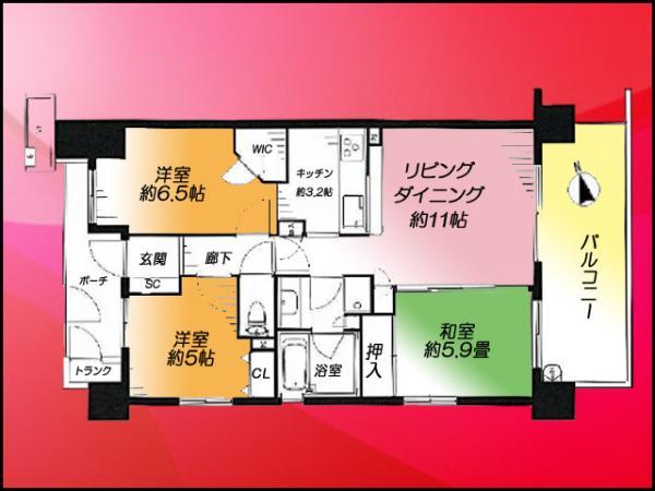 Floor plan. 3LDK, Price 31,800,000 yen, Occupied area 68.74 sq m , Balcony area 12.3 sq m