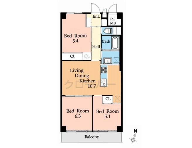 Floor plan. 3LDK, Price 24,990,000 yen, Footprint 61.6 sq m , Balcony area 7.84 sq m Floor