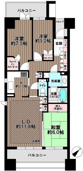 Floor plan. 3LDK, Price 62 million yen, Footprint 80.2 sq m , Balcony area 18.4 sq m 2 double floor ・ Double ceiling, Sash pair glass, With disposer function in the system kitchen, Balcony side-out frame construction method, There is a two-sided balcony and alcove part, This room crowded shared hallway do not mind.