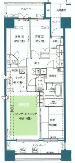 Floor plan. 3LDK, Price 62 million yen, Footprint 80.2 sq m , Balcony area 18.4 sq m