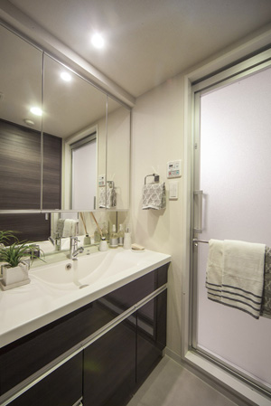Bathing-wash room.  [Powder Room] A large mirror behind the vanity, Secure storage space. Cosmetics ・ You can organize and hair dressing.
