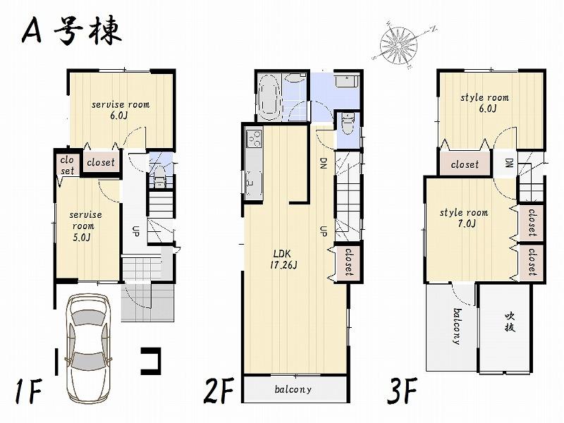 Floor plan. (A Building), Price 34,800,000 yen, 2LDK+2S, Land area 66.4 sq m , Building area 105.76 sq m