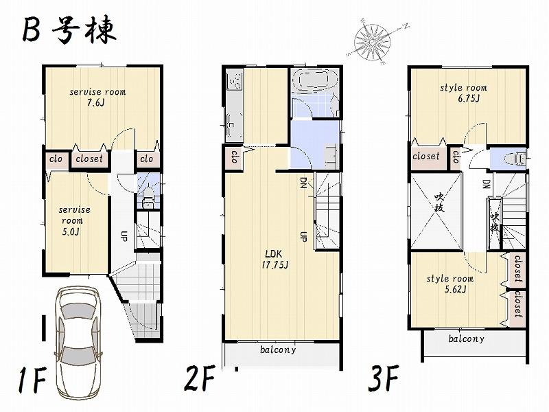 Floor plan. (B Building), Price 34,800,000 yen, 2LDK+2S, Land area 64.16 sq m , Building area 107.32 sq m