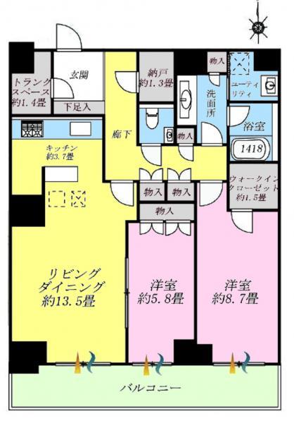Floor plan. 2LDK, Price 51,500,000 yen, Occupied area 85.72 sq m , Balcony area 13 sq m