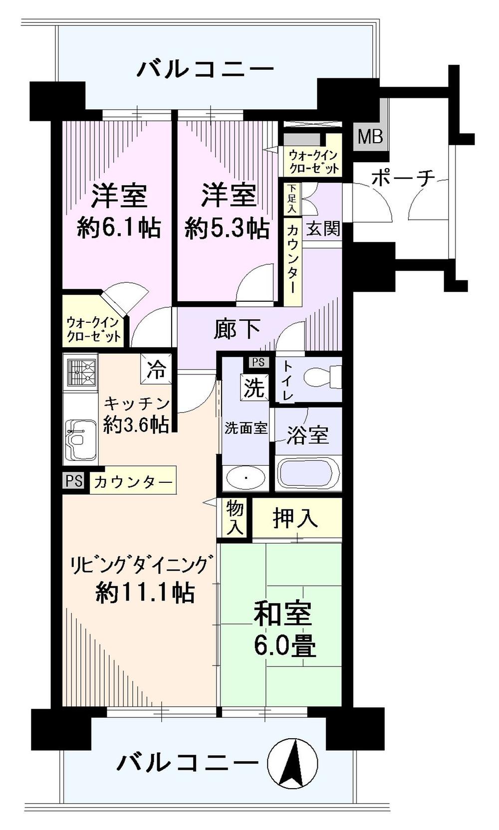 Floor plan. 3LDK, Price 31,800,000 yen, Occupied area 75.33 sq m , Balcony area 25.4 sq m