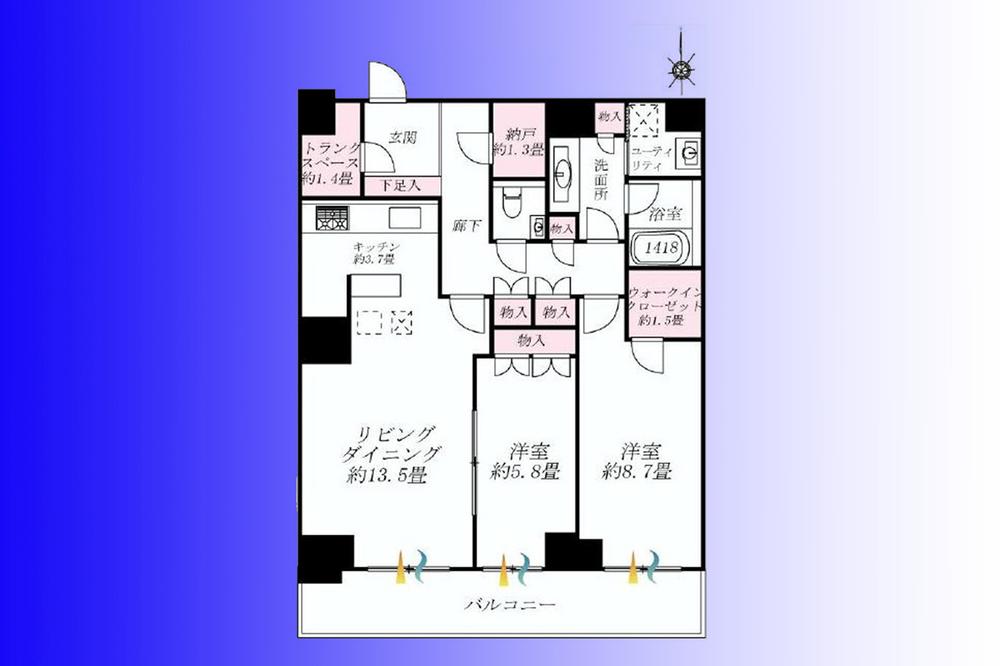 Floor plan. 2LDK, Price 51,500,000 yen, Occupied area 85.72 sq m , Balcony area 13 sq m   [Floor plan] Zenshitsuminami-facing view! Storage rich interior.