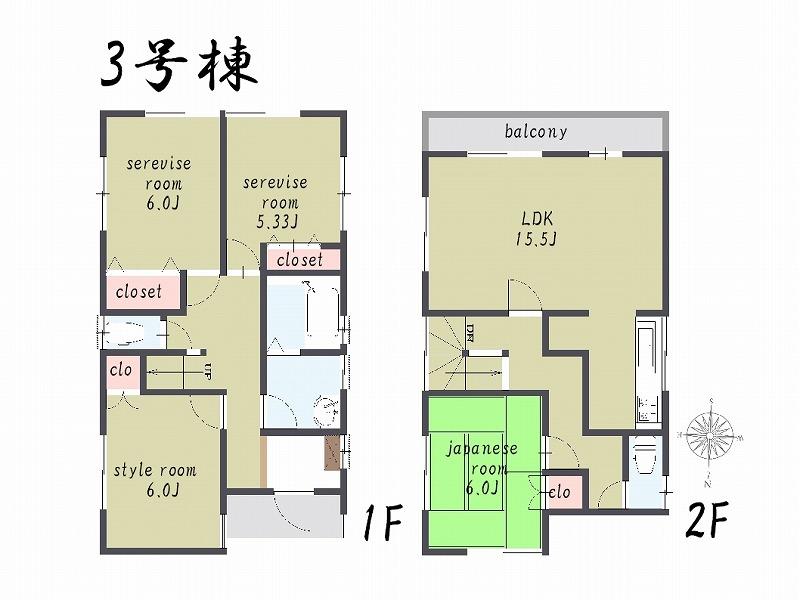 Floor plan. (3 Building), Price 47,800,000 yen, 2LDK+2S, Land area 118.86 sq m , Building area 95.98 sq m