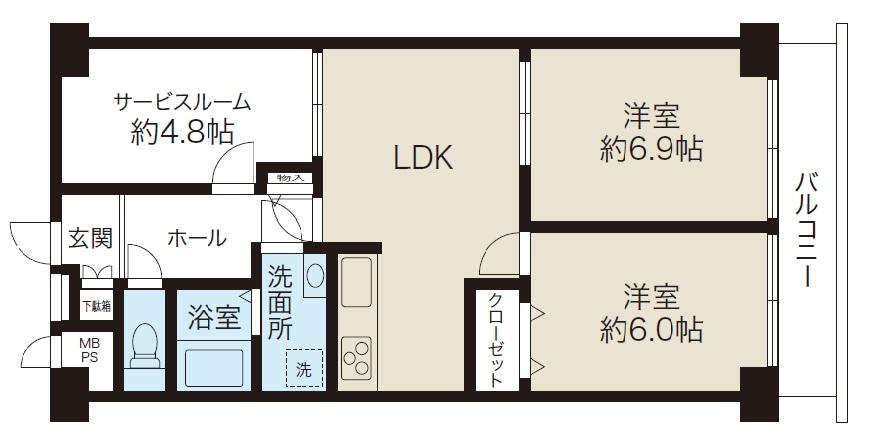 Floor plan. 2LDK + S (storeroom), Price 25,800,000 yen, Footprint 64.4 sq m , Balcony area 6.72 sq m