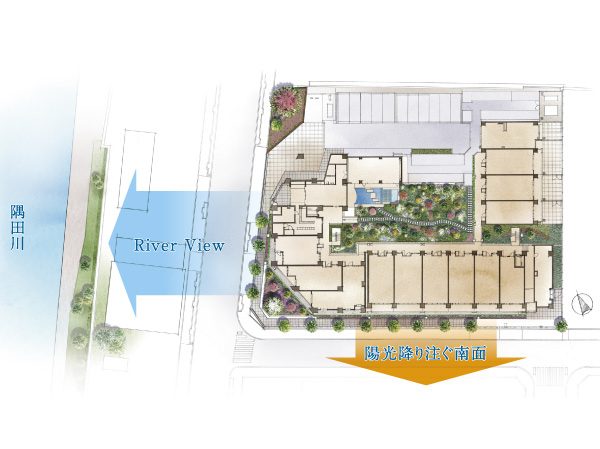 Features of the building.  [Site layout] Yet open, Achieve a high privacy of. Located in the southwest corner lot, Be reduced at least life noise also adjacent dwelling unit. Also, Because it is set back from the main street, It is a quiet location away from the hustle and bustle.
