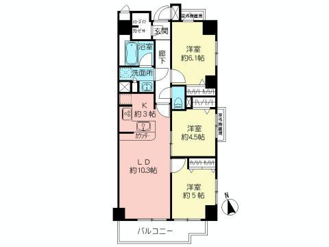 Floor plan. 3LDK, Price 22,900,000 yen, Occupied area 64.42 sq m , On the balcony area 6.34 sq m square room, There is a window in all rooms