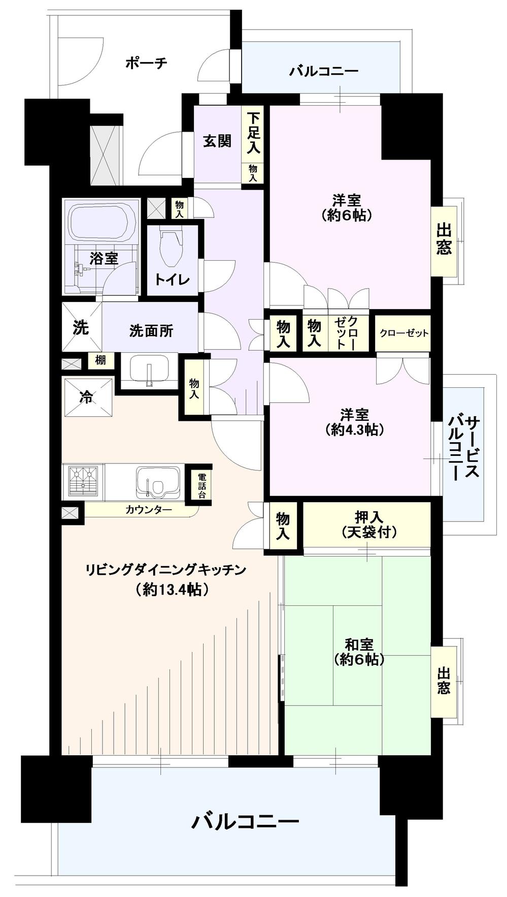 Floor plan. 3LDK, Price 38,800,000 yen, Occupied area 67.25 sq m , Balcony area 15.28 sq m