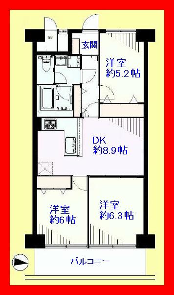 Floor plan. 3DK, Price 17.8 million yen, Footprint 61.6 sq m , Renovation of balcony area 7.84 sq m enhancement