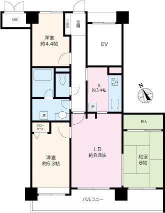 Floor plan. 3LDK, Price 19,800,000 yen, Occupied area 63.77 sq m , Bright, cozy room in the wide span of the balcony area 10.79 sq m south 3 rooms