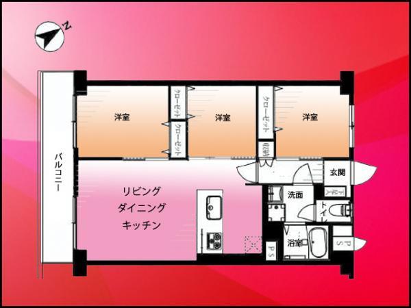 Floor plan. 3LDK, Price 26,800,000 yen, Occupied area 62.72 sq m , Balcony area 7.68 sq m