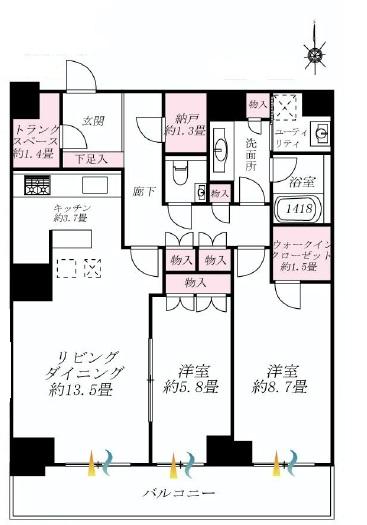 Floor plan. 2LDK, Price 51,500,000 yen, Occupied area 85.72 sq m , Balcony area 13 sq m