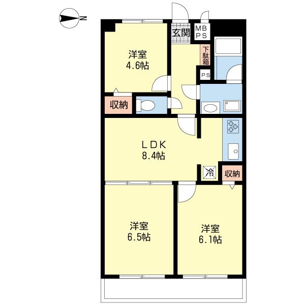 Floor plan. 3LDK, Price 20.8 million yen, Footprint 56 sq m , Balcony area 6.97 sq m