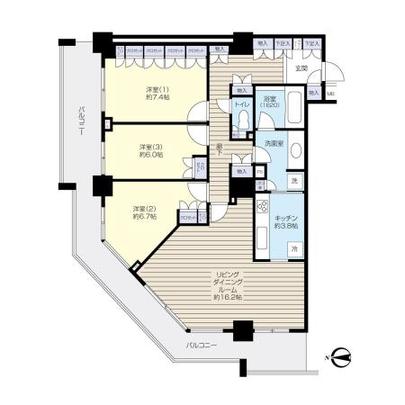 Floor plan. 100.21 sq m of room  ・ 3LDK 24F angle dwelling unit.