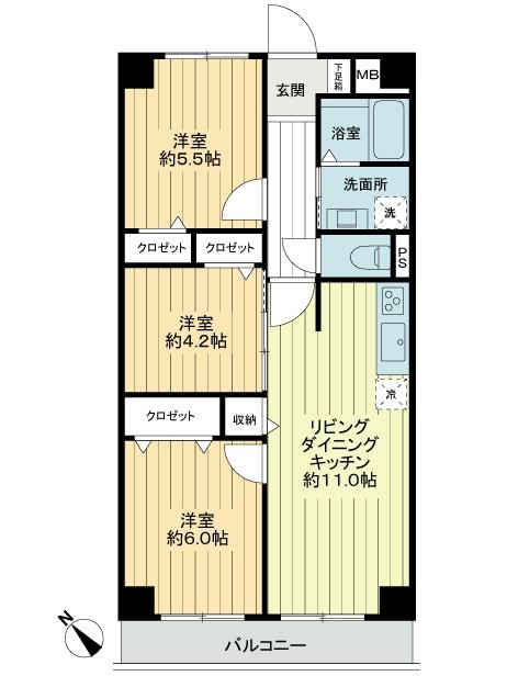 Floor plan. 3LDK, Price 27,800,000 yen, Footprint 61.6 sq m , Balcony area 5.6 sq m floor plan