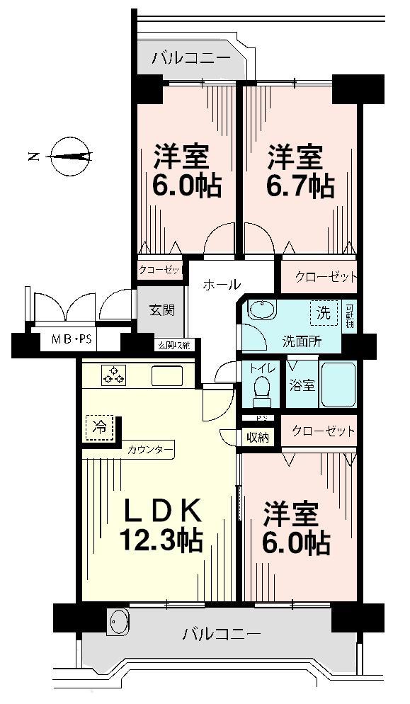 Floor plan. 3LDK, Price 31,800,000 yen, Occupied area 71.13 sq m , Balcony area 12.92 sq m