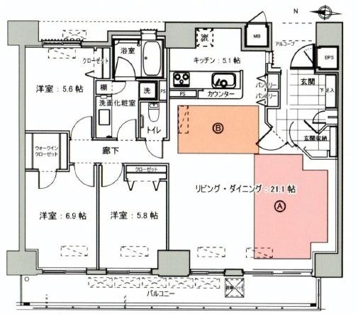 Floor plan. 3LDK, Price 59,800,000 yen, Occupied area 99.58 sq m , Balcony area 13.97 sq m