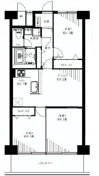 Floor plan. 3LDK, Price 17.8 million yen, Footprint 61.6 sq m , Balcony area 7.84 sq m