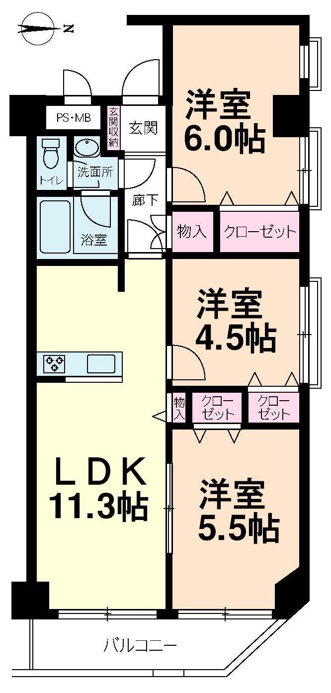 Floor plan. 3LDK, Price 23.8 million yen, Occupied area 58.57 sq m , Balcony area 5.4 sq m