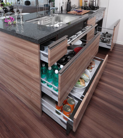 Kitchen.  [All slide cabinet] Deep in the wide, Also we have established an all-slide cabinet that can be out on the smooth, such as large-size cookware.