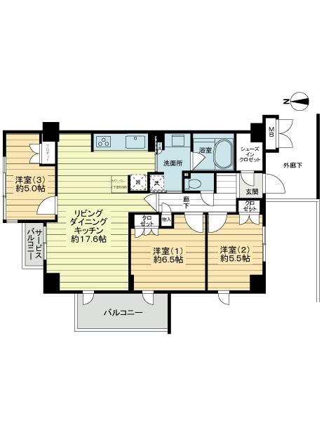 Floor plan. 3LDK, Price 33,800,000 yen, Occupied area 76.17 sq m , Balcony area 7.05 sq m floor plan