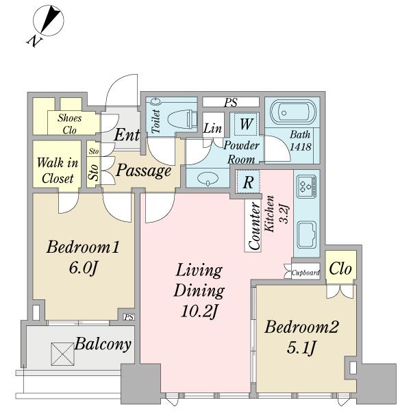 Floor plan. 2LDK, Price 52,900,000 yen, Occupied area 59.66 sq m , Balcony area 5.57 sq m